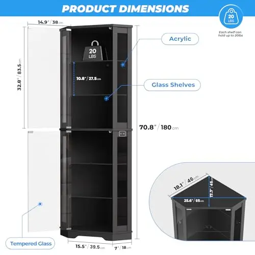 71" Tall Corner Display Cabinet with LED Lights & Glass Shelves | 6 Tier Curio Cabinet with Glass Doors, Human Body view 2