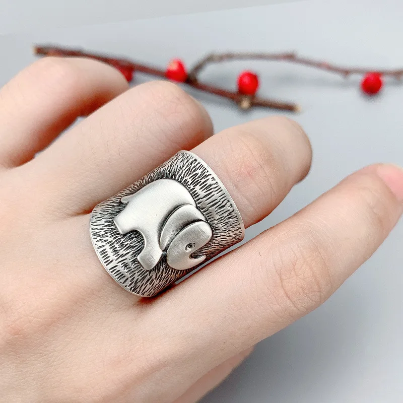 Retro Elephant Wide Ring Dla Kobiet Mężczyzn Srebrny Kolor Vintage Styl Etniczny Otwarty Pierścionek Punk Gothic Akcesoria Projektant Biżuterii Prezent — zdjęcie 4