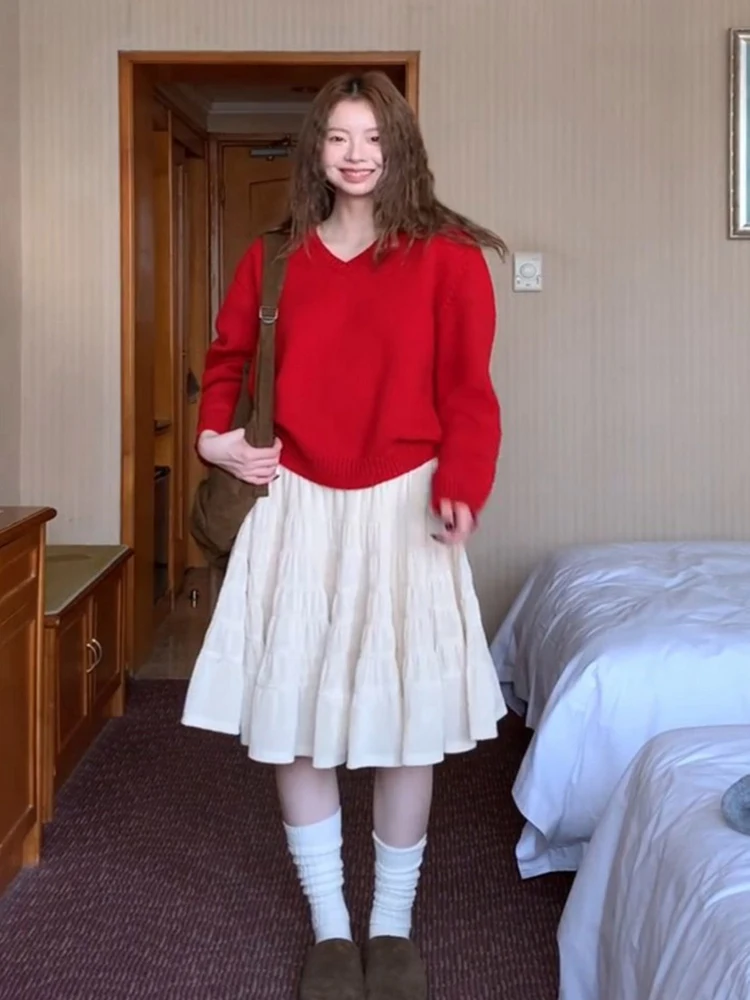 

Red Slimming V-Ne Sweater High Waist Skirt Set Women's Faion Spring Loose Casual Sle Long Sve Color Two-Piece Set