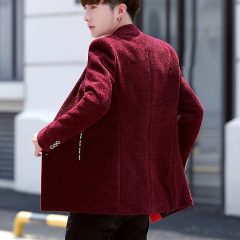 Męska kurtka wełniana średniej długości na zimę 2025, gruba, ocieplana aksamitem, ciepła, codzienna wiatrówka, modna męska kurtka biznesowa, elegancka, dopasowana kurtka wełniana.