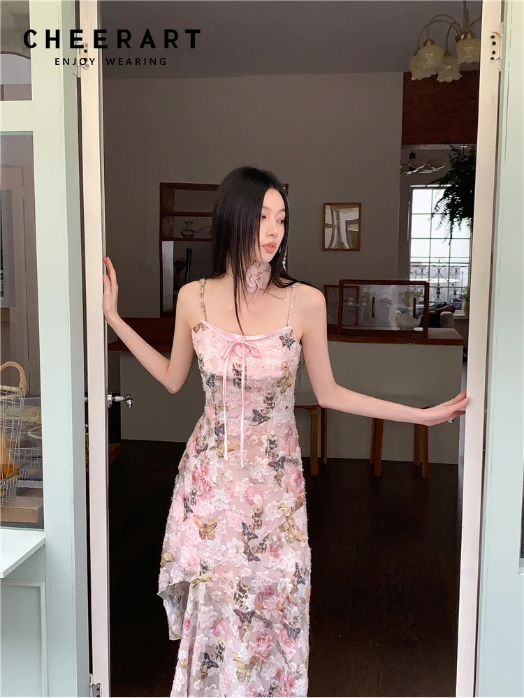 CHEERART ผีเสื้อดอกไม้สีชมพู Sheer Slip Dress 2025 ผู้หญิงฤดูร้อน Designer Sundress Tunics ไม่สมมาตร Midi ชุดเสื้อผ้า