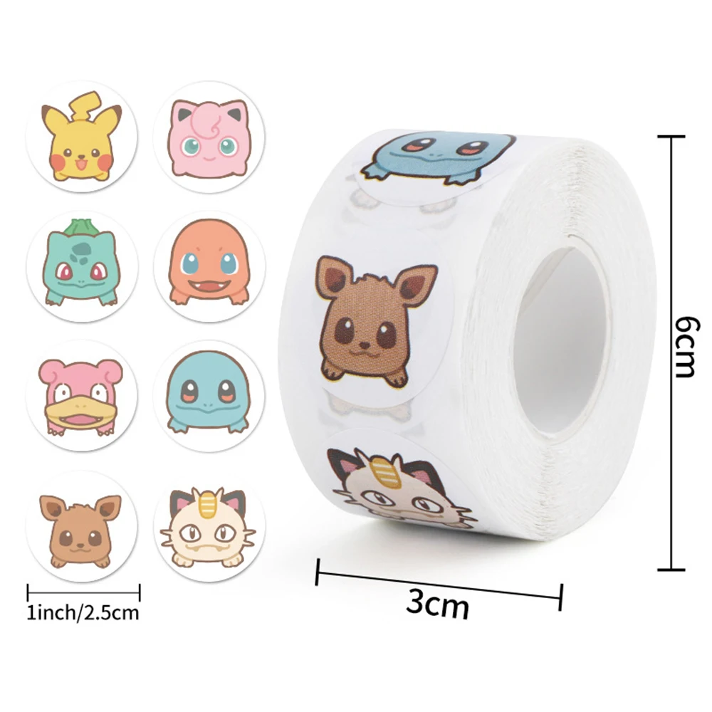 500PCS Anime Cute Pokemon Stickers Kawaii Pikachu Charizard Round Seal Stickers Rolls Stickers Graffiti Luggage Stickers Toys