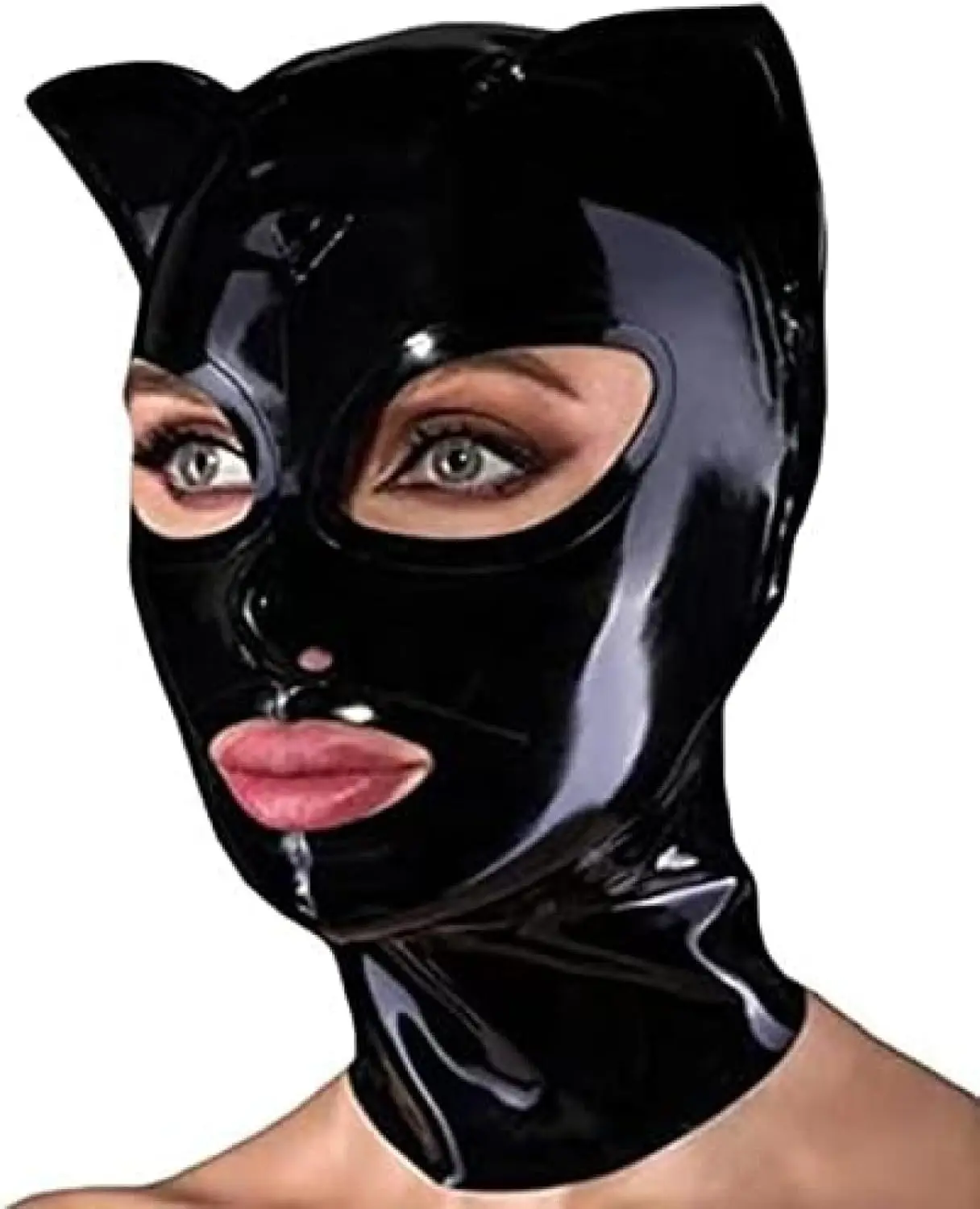 

Black Latex Hood with Cat Ears Back Zipper Open Eyes Rubber Mask