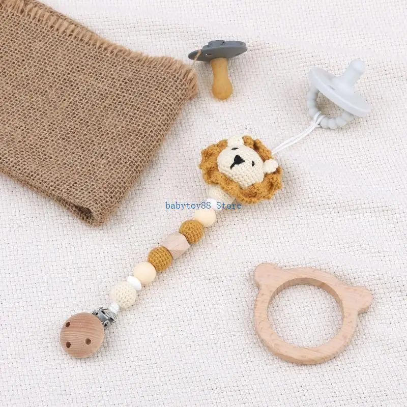 Y4UD Anti-lost Teether Clip Crochet Lion Pacifier Clip Dummy Toy Newborn Shower Gift
