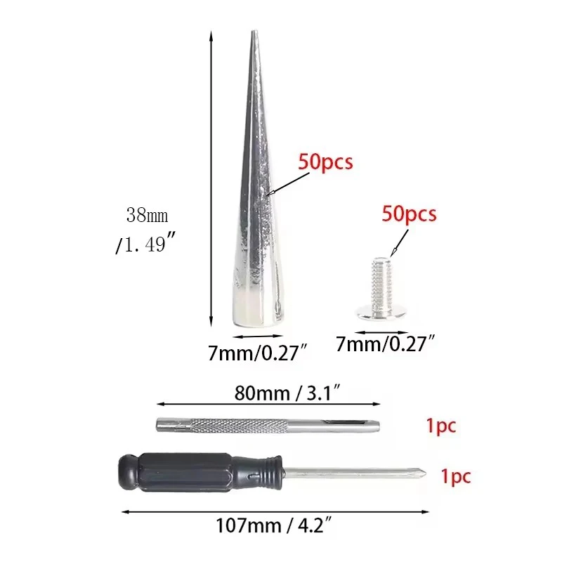 50 Sets 7 x 38 mm Silber Punk Spike Zinklegierung Kegel Spots Nieten Lederhandwerk Nieten Bullet Spikes für Leder – Detail 1