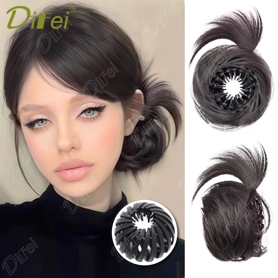 

DIFEI Straight Hair Bun Synthetic Wig Female Fluffy Smooth Shrink Clip Style Doughnut Chicken Feather Straight Hair Bun Wig
