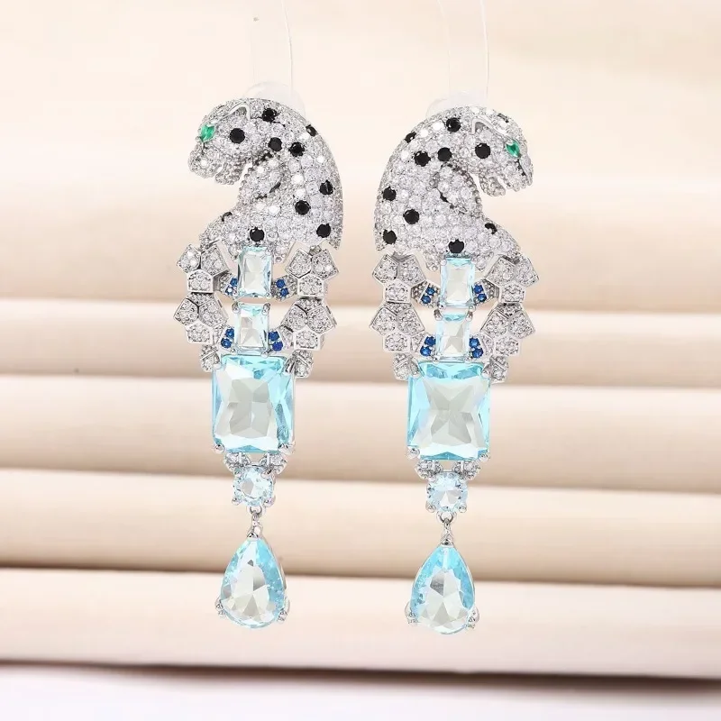 Full CZ Zircon Leopard Waterdrop Earrings Green Eyes Square Crystal 925 Needle Panther Animal Earrings for Women Party Gift