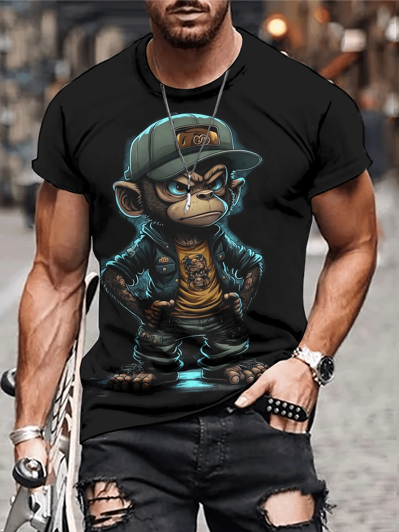 

Street Hip-Hop Monkey Print Short Sleeve Summer Men's Casual Fashion T-Shirt Cool and Comfortable Summer Men's Crew Neck Tops