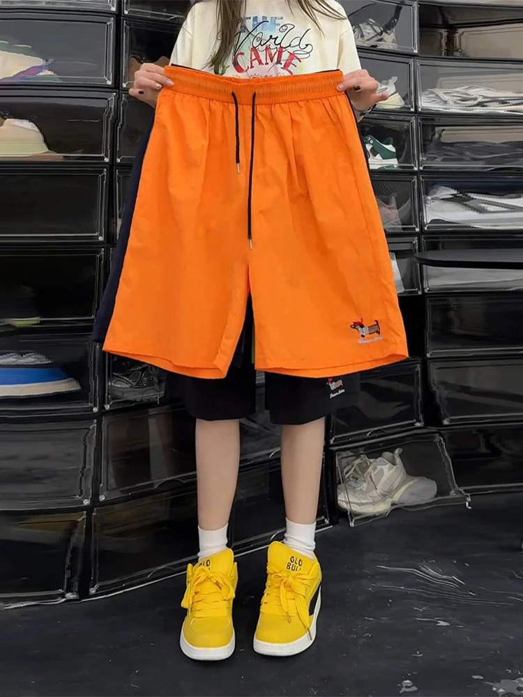 

Orange Qui Dry Men's orts Summer High Waist Sausage Dog Embroidery Ice Silk Four Five Split Pants Faionable Casual orts