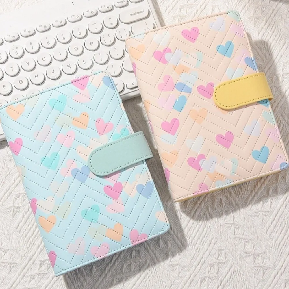 A6 Size PU Leather Binder Heart Loose-Leaf Design 6 Ring Notebook Cover Colorful Pattern Sturdy Cover Cash Envelope Holder