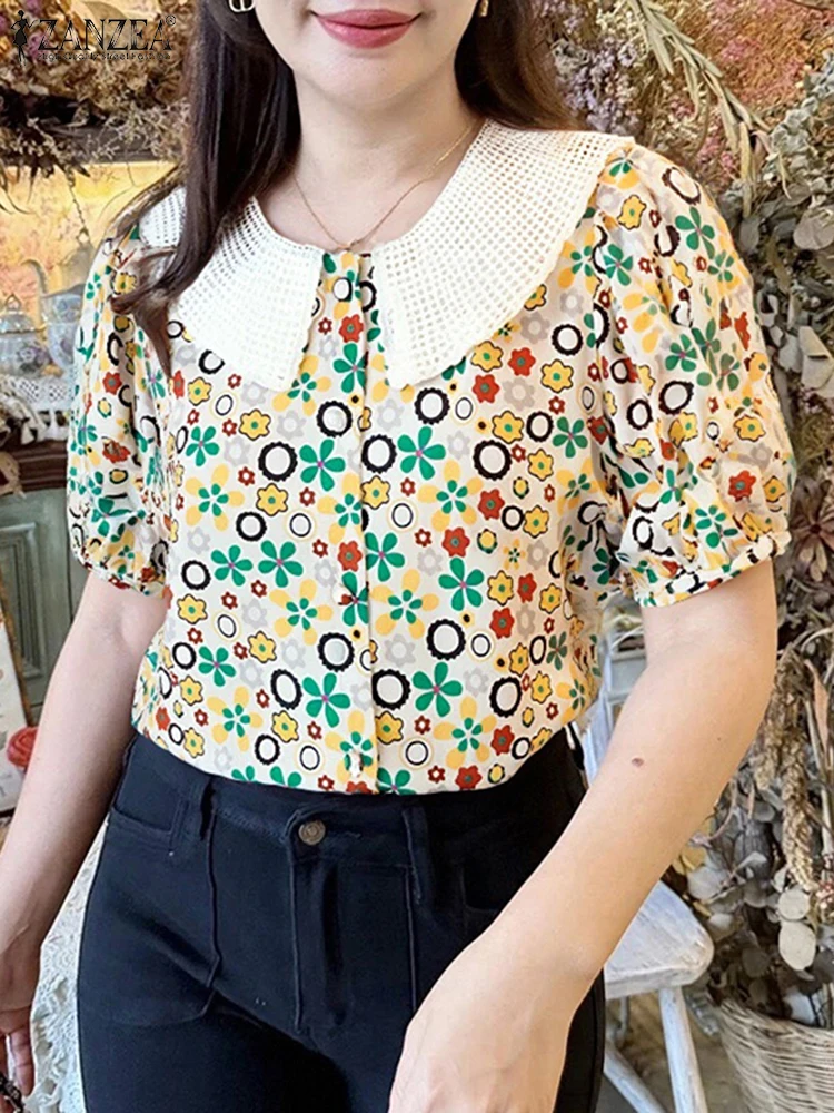ZANZEA แฟชั่นเสื้อพิมพ์ลายผู้หญิงเสื้อ 2025 ฤดูร้อนโบฮีเมียนวันหยุดเสื้อทูนิคแขนสั้นปุ่มลำลองหลวมบลูซาส