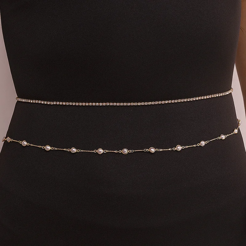 2pcs/set Rhinestone & Pearl Body Harness – A Daring, Delicate Metal Chain for Nights Out & Festival Looks.