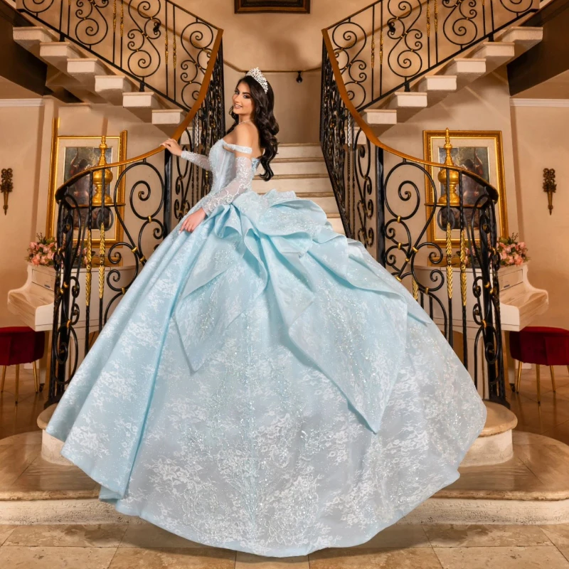 Sky Blue Off The Shoulder Quinceanera Dresses Applique Lace Tull Beads Princess Ball Gown XV Dresses vestidos de 15