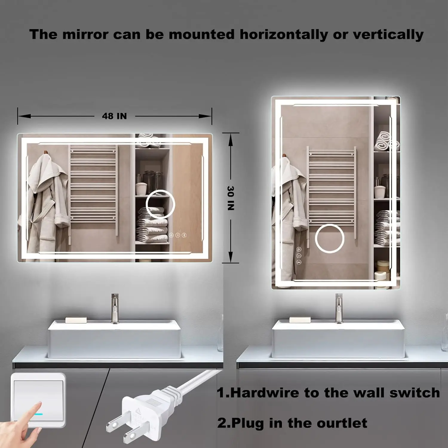 Miroir de courtoisie intelligent avec haut-parleur Bluetooth intégré, loupe 3X, miroir mural de maquillage 4.2, 48 en effet x 30 LED