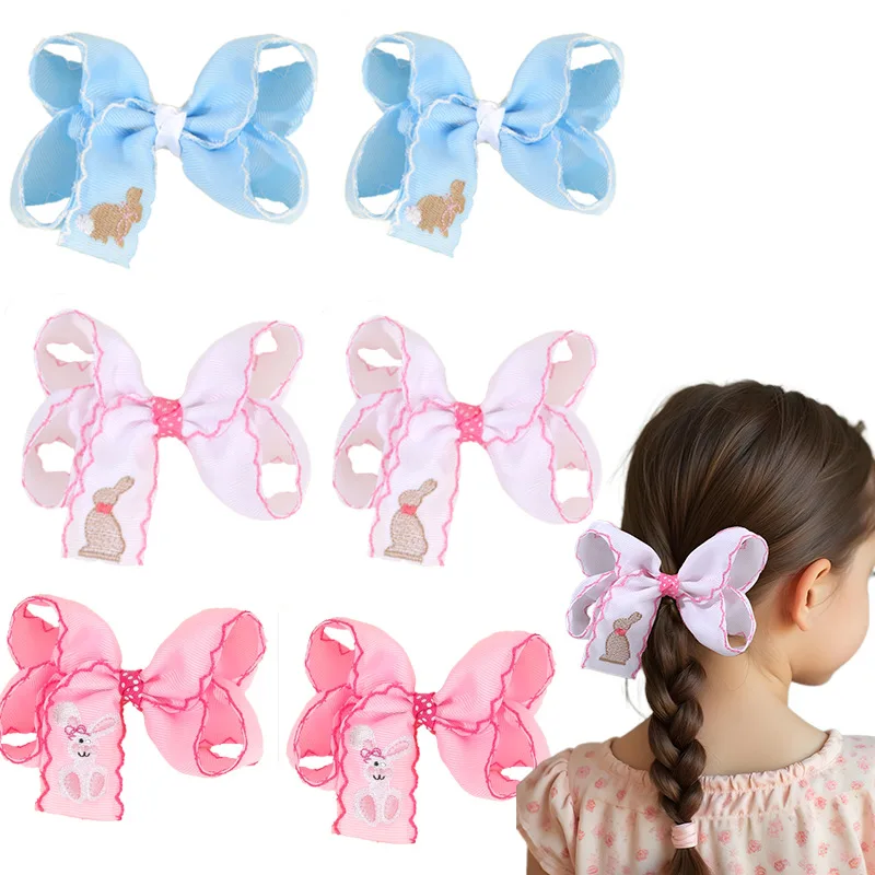 

30pc Baby Girls Hair Clips Edge Lock Frill Bow 4.3' Bunny Embroidered Ribbon Bow Barrettes Hairpins for Kids Party Bulk Pack