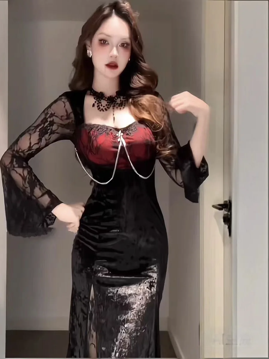 

Сексуальный готический красный кружевной костюм Fi Tail Dr на Хэллоуин, женская длинная юбка Dr, микроэластичный костюм из полиэфирного волокна