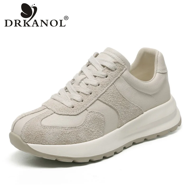 DRKANOL Women Flat Platform Casual Sneakers Fashion Mixed Colors Lightweight Genuine Cow Leather Lace-Up Soft Soled Ladies Shoes