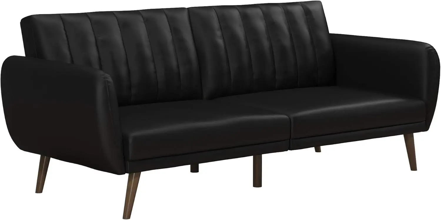 Brittany 82 Inch Futon Sofa Bed in Faux Leather, Upholstered Couch Sleeper with Tufted Back, Mid-Century Modern, Black