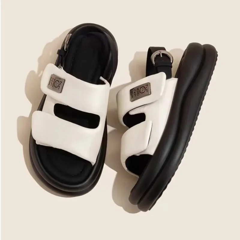 2024 New Thick Sole Sandals Women Sheepskin Cross Strap Holiday Beach Shoes Female Casual Flat Sandalias Summer Sandals Woman