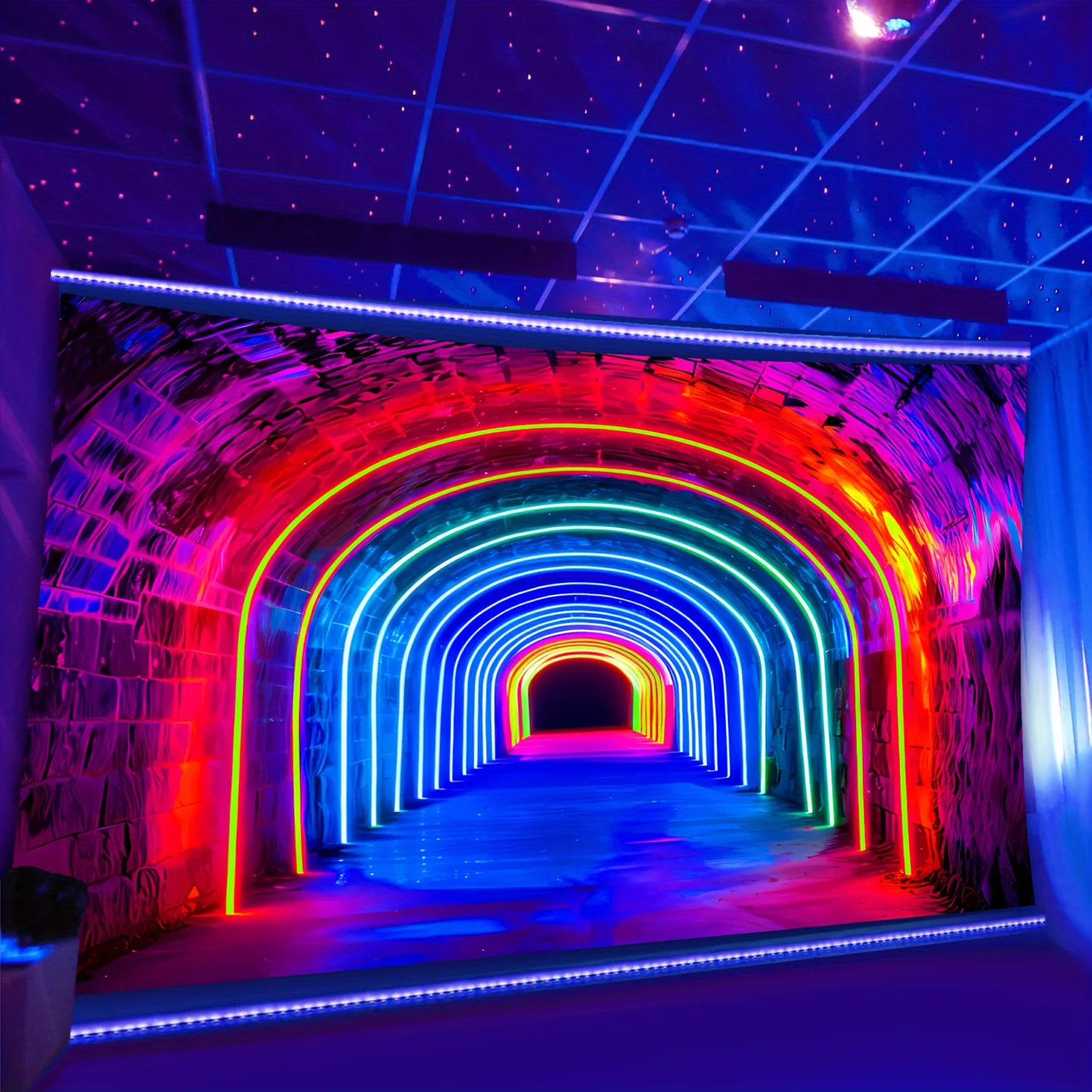 Neon Lights Tunnel Tapestry - Vibrant Rainbow Arches Wall Hanging for Living Room, Bedroom Decor - Modern Home Decoration
