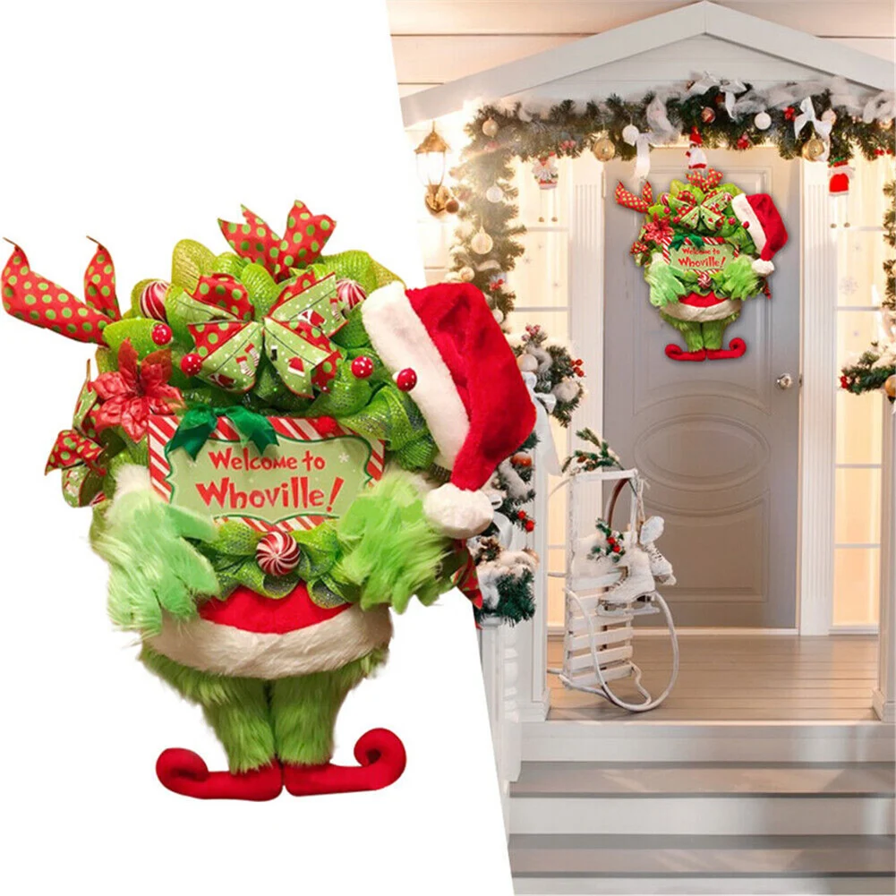 Door Creative Christmas Decor Plush Green Hairy Monster Hanging Ornament Grinch Leg Wreath Door Hanging New Year Decoration