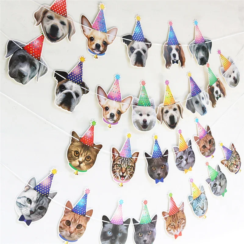 13 Flags Cat Dog Paper Banner Pet Happy Birthday Bunting Garland Decoration Cartoon Animal Dog Cat Theme Birthday Party Supplies