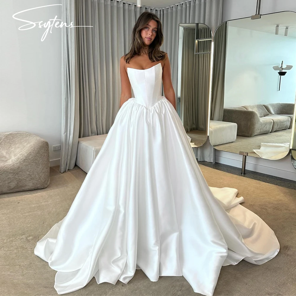 White Long Satin Wedding Dresses Gowns Satin Customized Pricness Bride Bridal Gown Sleeveless Dress Bespoke vestido de noiva