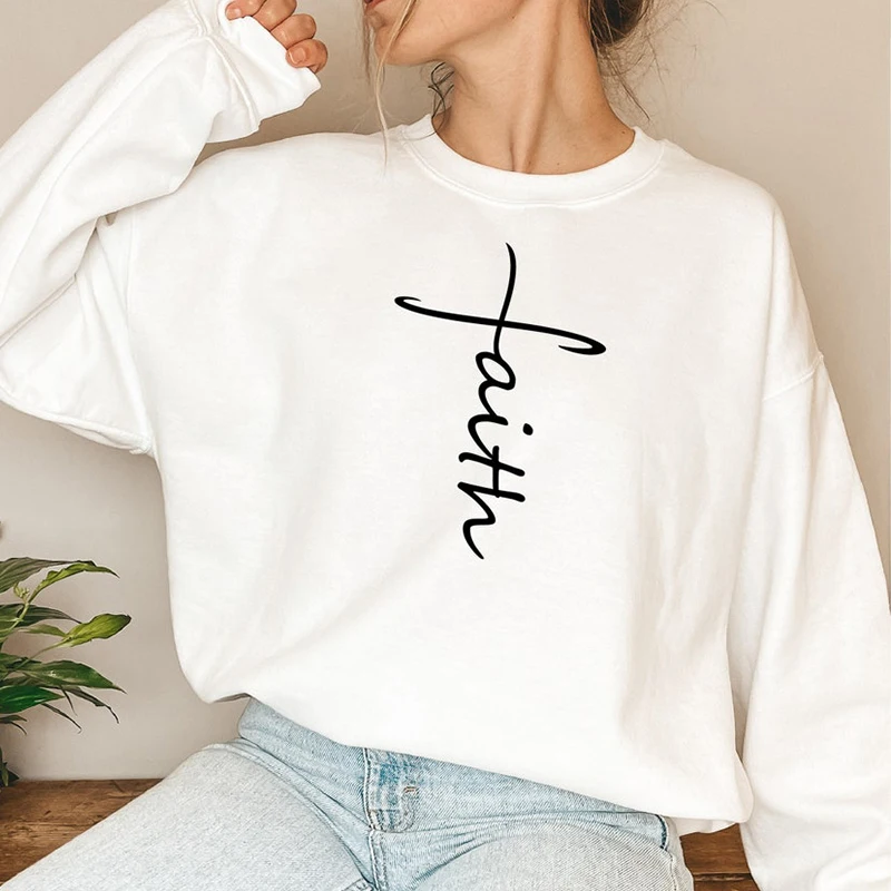 Faith Cross Letters Printing Sweatshirt for Female Loose Easter Christian Clothing Women Inspired Motivation Jumper Dropshipping