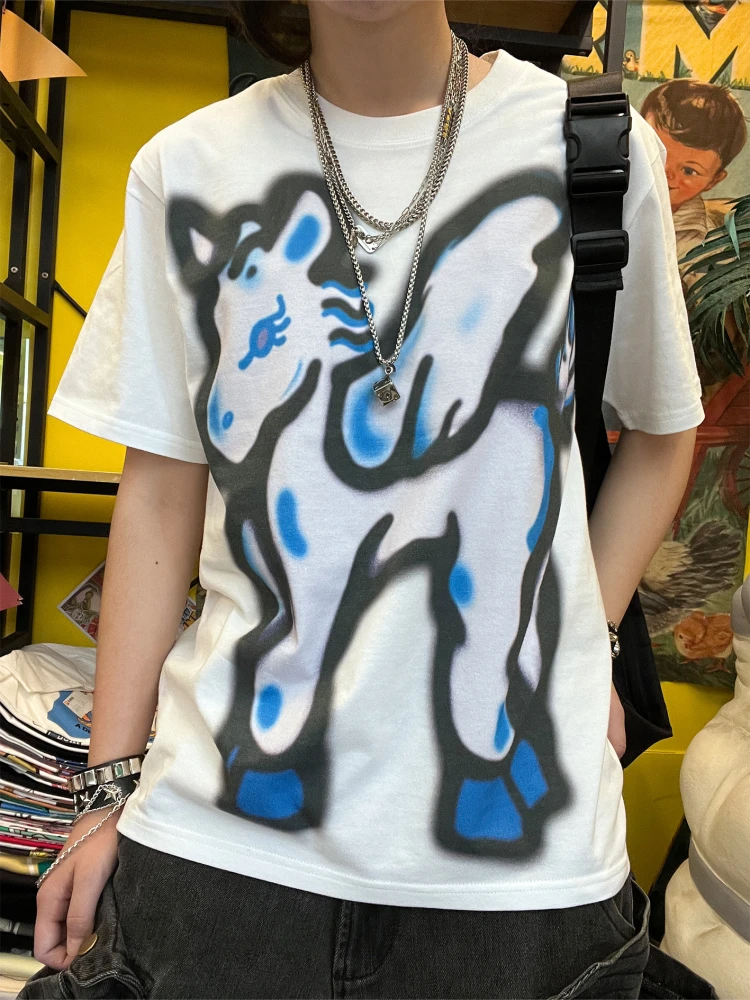 Heavyweight 260G Winged Blue  Artistic Graffiti Loose Short Sleeve T-Shirt for Youth Casual Daily Wear Cotton Blend