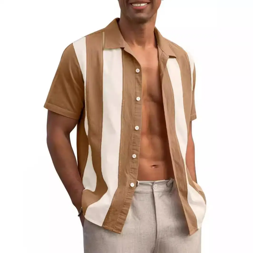 

Ретро-рубашка с коротким рукавом в стиле колор-блок, полосатая, дышащая, из хлопка, молодежная, модная, повседневная, для мужчин и женщин, открытый кардиган