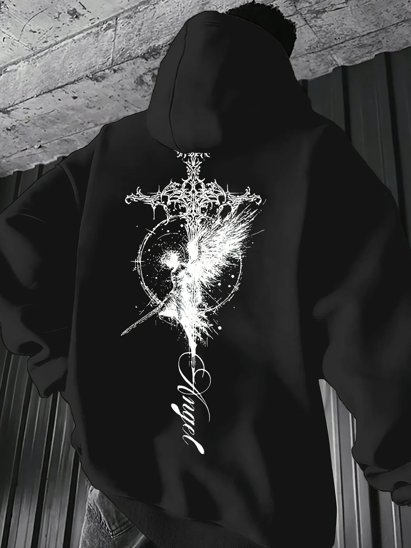 Occult‑style Men Hooded Sweatshirt Elegant Cross Wing Angel Slogan Back‑Print Autumn‑Winter Top
