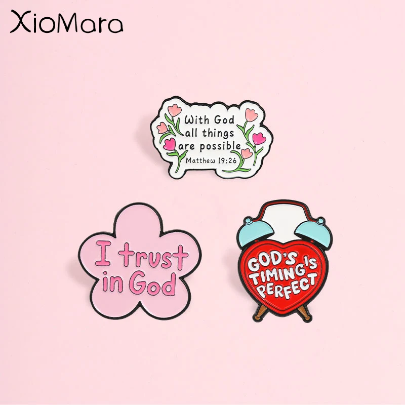 Faith Inspirational Quote Enamel Pin, Flower and Heart Alarm Clock Badge, Fashion Clothes Backpacks Accessory,Gift for Believers
