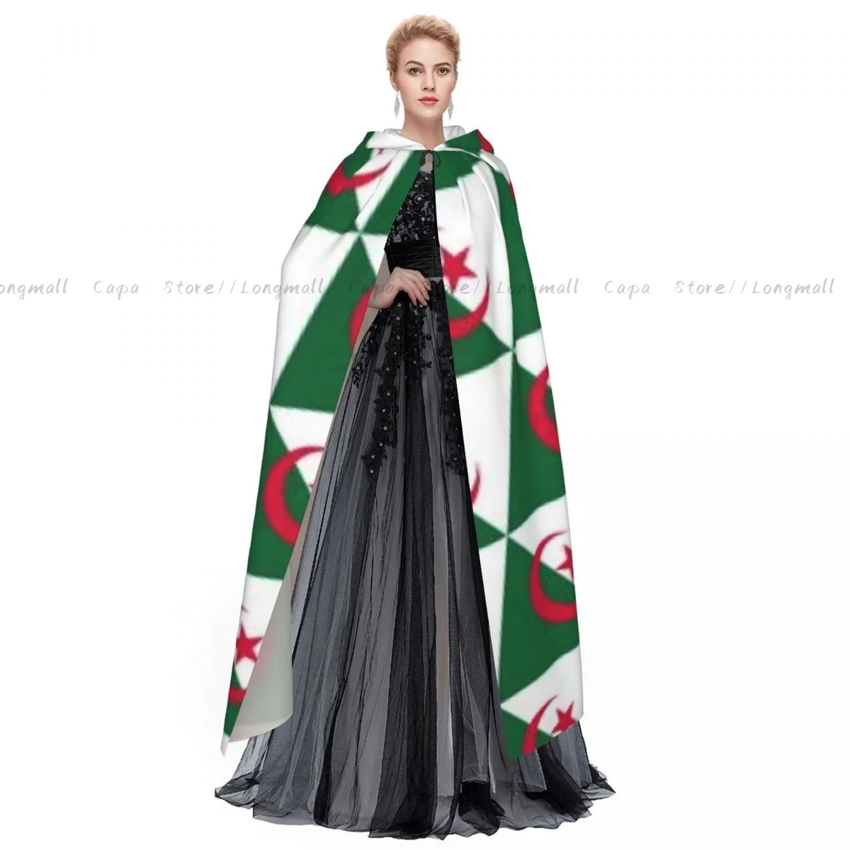 Adult Halloween Geometric Flag Of Algeria Cloak Cape Hooded Medieval Costume Full Length Dress Coat