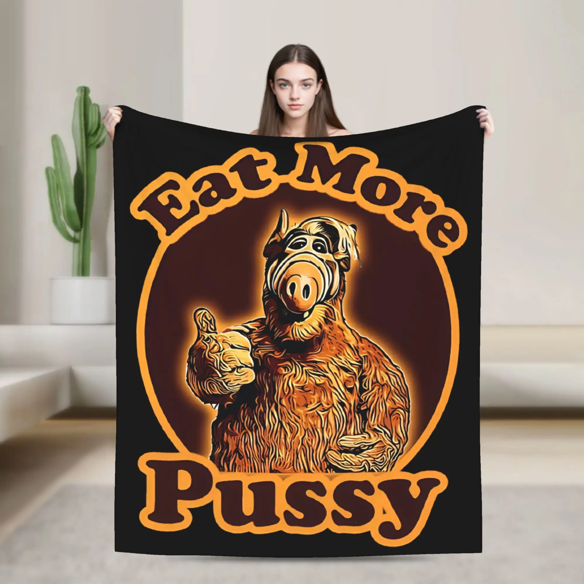 Funny Alf Eat More Pussy Art Knitted Blankets Flannel Alien Life Form Super Soft Throw Blankets for Bed Bedroom Quilt