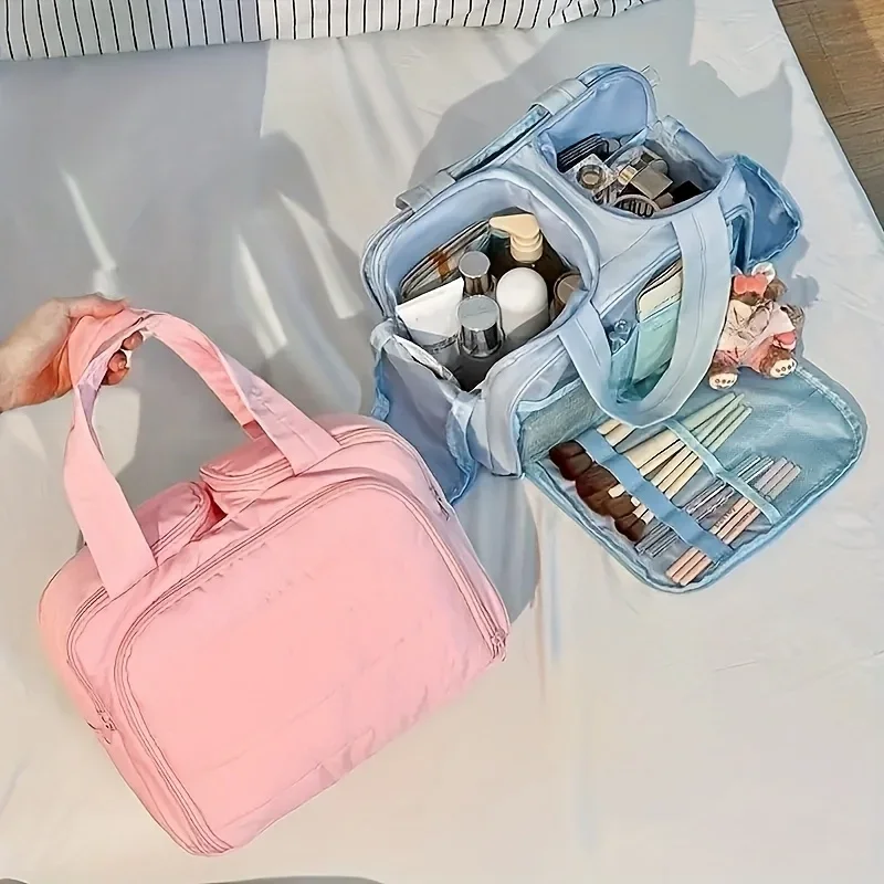 Bolsa de maquillaje de color macarrón, diseño de doble apertura ancha, almacenamiento clasificado para el cuidado de la piel y los cosméticos, bolsa todo en uno