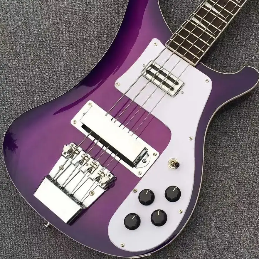 Purple four-string bass, white panel, basswood body, maple neck, rosewood fingerboard