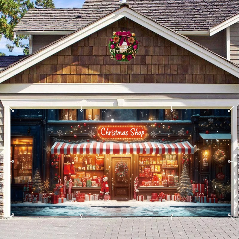 

Christmas Garage Door Banner Winter Snowy Glitter Light Christmas Candy Shop Gift Xmas Tree Holiday Garage Door Outdoor Backdrop