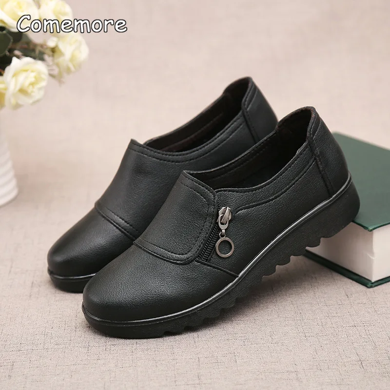 Comemore Elderly Mother Women Leather Elderly Shoe Women\'s Sneakers Platform Loafers Casual Comfortable Female 2023 Spring Shoes