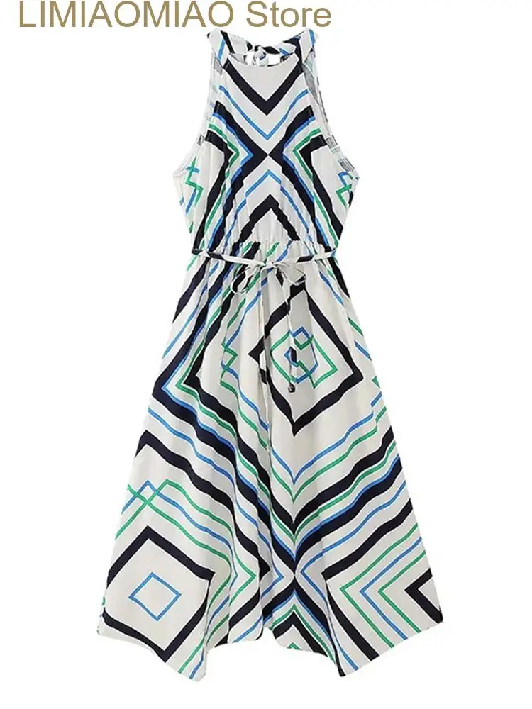 New Women's Off Shoulder Geometric Print Dress Summer Female Sleeveless O-Neck Vestidos Ladies Elegant Strappy Dresses