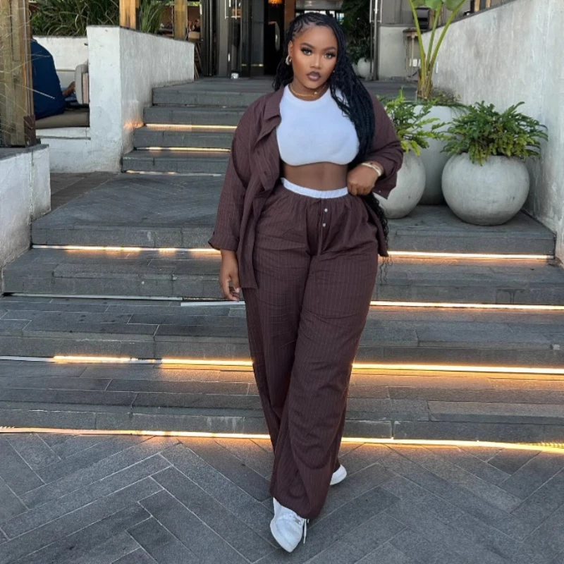 Elegant African Fashion Women Two Piece Set Oversize Loose Striped Full Sleeve Shirt And Wide Leg Pants Set  Female Casual