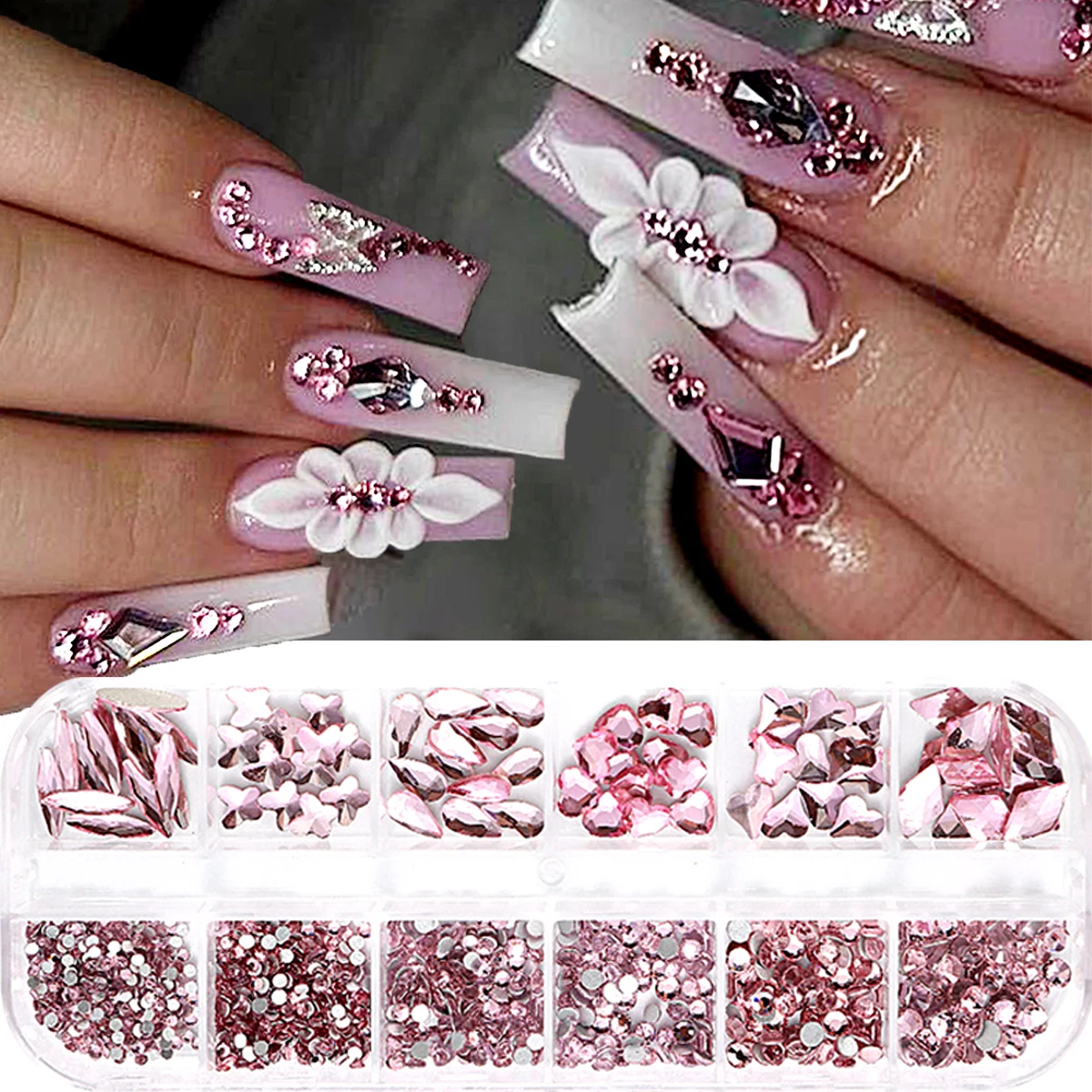 12칸 골드 핑크 섀도우 플랫백 라인스톤 글리터 네일 참 크리스탈 다이아몬드 네일 아트 장식 네일 액세서리