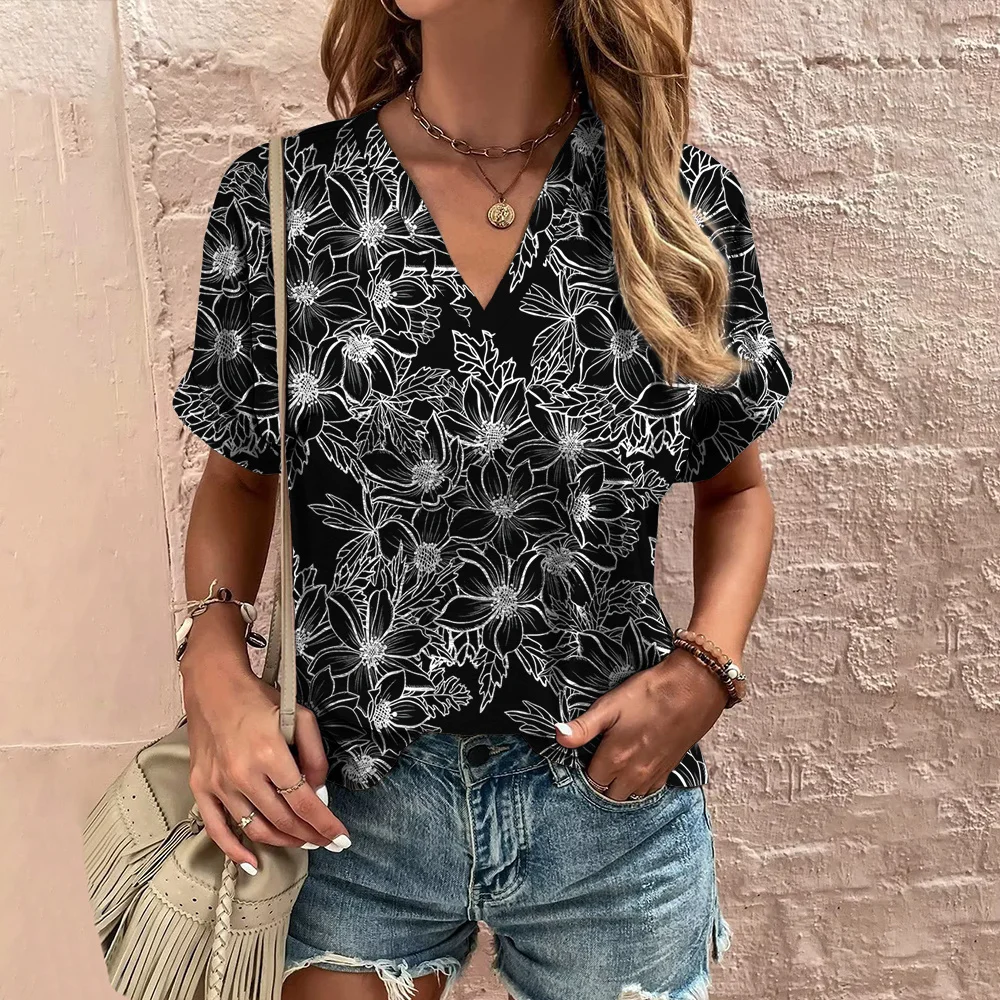 Retro Print Women\'s T Shirt Classic Floral Tees For Ladies Summer V-Neck Short Sleeve Tops Female Oversized Clothes Daily Blouse