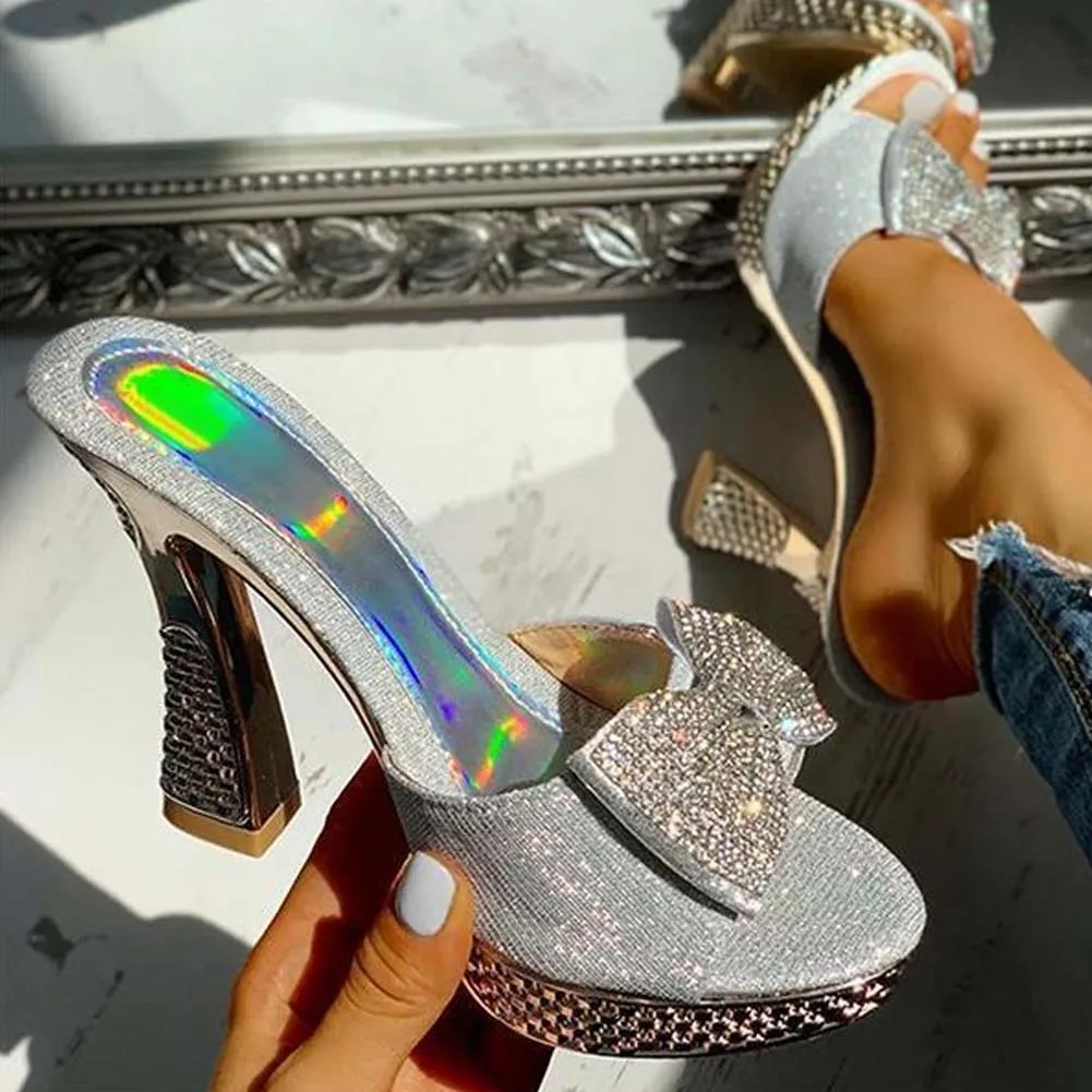 Trendy Fashion Female Bowknot Sexy Slippers 2022 Summer Slippers Women Platform Crystal Thick High Heels Shoes Woman