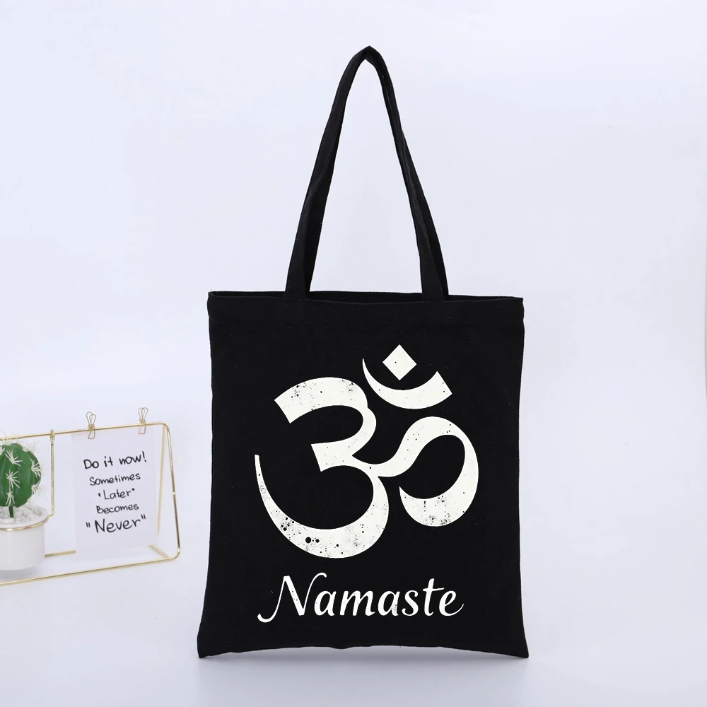 Om Symbol and Typography Print Canvas Tote Bag, Minimalist Design for Daily Casual Use