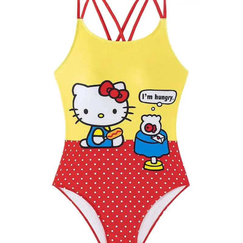 Sanrio Girl Bikini de una pieza Hello Kitty nuevo estilo traje de baño competitivo moda sin mangas cubierta del vientre playa traje de baño triangular