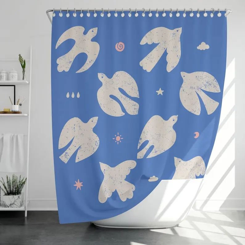 

Blue Dove Shower Curtain, Celestial Birds with Stars and Moon, Peaceful Retro Scandi Modern Bathroom Decor