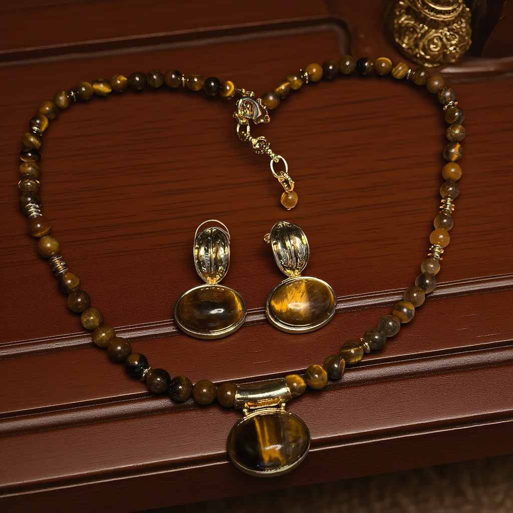 

3pcs Elegant Vintage Jewelry Set for Women Tiger Eye Stone Necklace Clavicle Choker Bridal Wedding Earrings Party