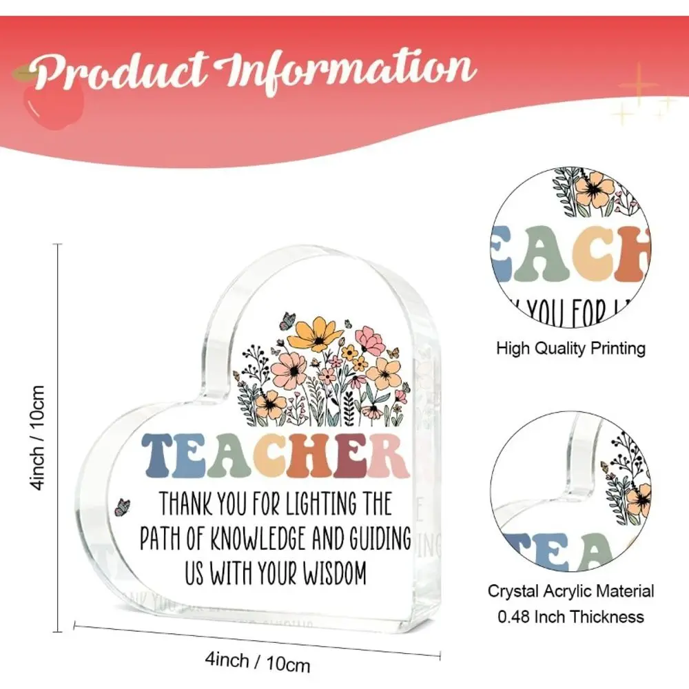 Acrylic Heart Teacher Appreciation Gift, Birthday Christmas Retirement Desk Decor for Male & Female Teachers