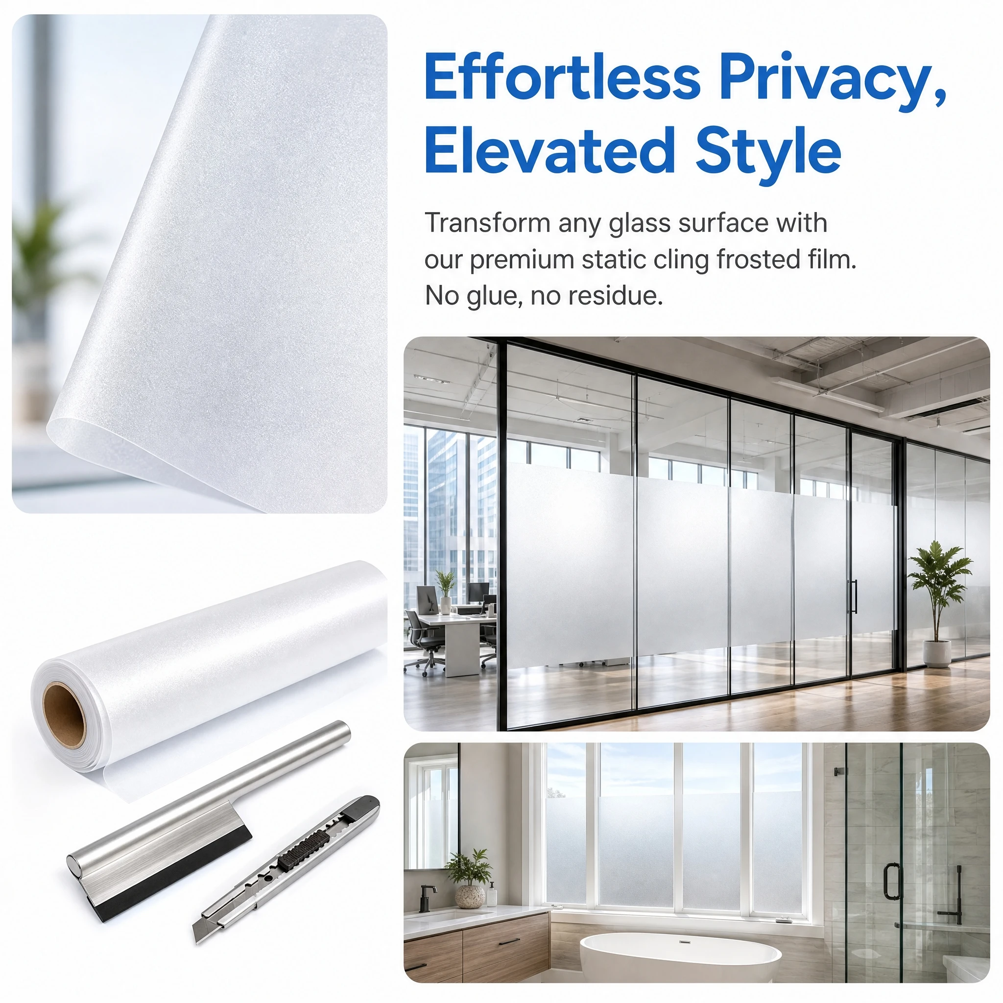 White Frosted Privacy Window Film Static Cling No Glue Removable UV Protection for Bathroom Shower Door Home Glass