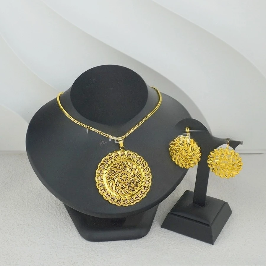 9999 gold two-piece Middle East Brazil jewelry set - round earrings and pendant necklace set - African jewelry for wedding party